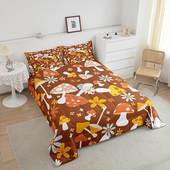 Castle Fairy 60s 70s Retro Hippie Bedding Comforters King Size,Groovy Flowers Mushroom Print Comforter Set for Children Xmas Gift,Boho Art Quilt Set Bedroom Decor, 2 Pillowcases
