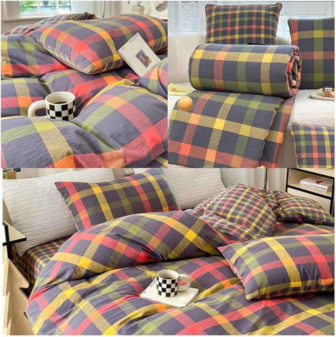 Multicolor Plaid Queen Size Comforter Set Modern Style Checkered Pattern Comforter Buffalo Grid Plaid Gingham Bedding Comforter Set for All Seasons Farmhouse Grid Bed Comforter with 2 Pillowcases