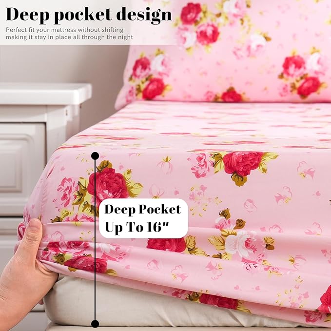 Bedlifes Full Sheet Set Ultra Soft, Breathable, Silky Flower Deep Pocket 100% Microfiber Bedding, 4 Piece Full Size Pink Floral(Red Rose)