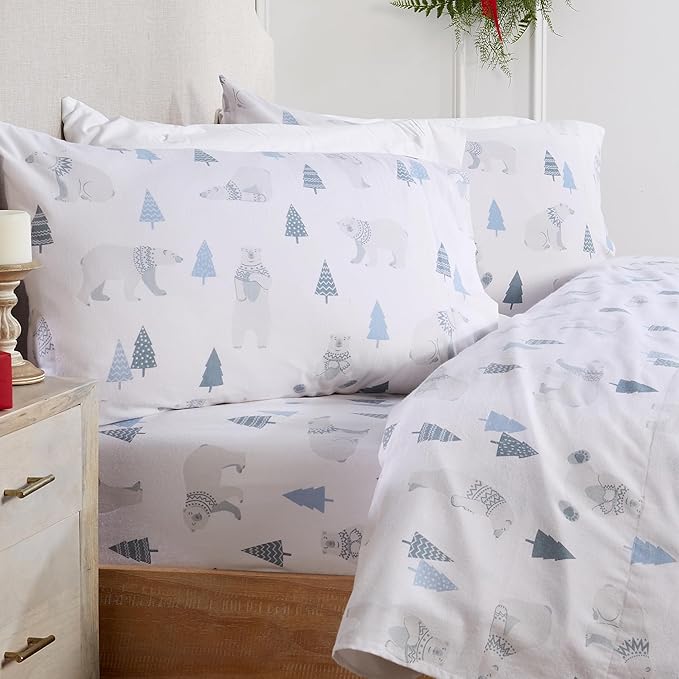 Market & Place 100% Turkish Cotton Flannel Sheet Set | 4 Piece Deep Pocket Novelty Cozy Winter Bed Sheets | Double Brushed for Extra Softness & Comfort | Alpine Collection (King, Polar Bears)