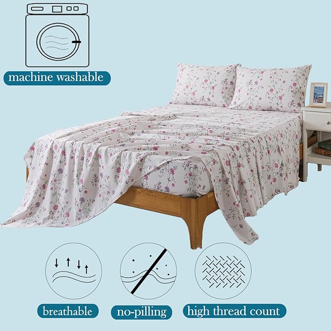 Zusbest King Sheets, Soft 100% Cotton Pink & Off White Floral Bed Sheets,Shabby Vintage Chic Purple Flower Printed Sheets,Breathable Home Decor, Garden Style 4 Piece Deep Pocket 17.5‘’（Rosy）