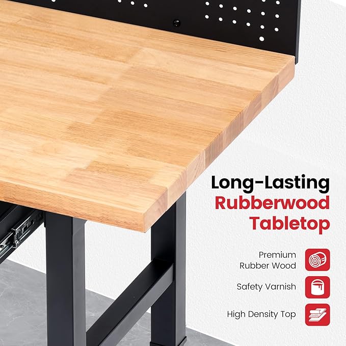 Workbenches for Garage Work Bench with Wheels 60 Inch Adjustable Rubber Wood Top Garage Workbench with Drawers, Pegboard, Power Outlets for Woodworking, Home, Office, Workshop
