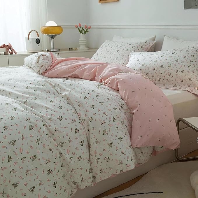 LifeTB Girls Pink Flower Duvet Cover Twin 100% Cotton Blossom Floral Comforter Cover Pink White Flower Pattern Duvet Cover with Zipper Closure Aesthetic Botanical Cottagecore Bedding Set Twin