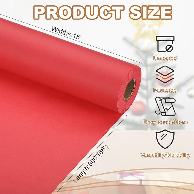 PATIKIL Wrapping Paper, 15" x 800"(66') 70 GSM Craft Paper Roll Kraft Packing Paper for Poster Bulletin Board, Gift Wrapping, Bright Red