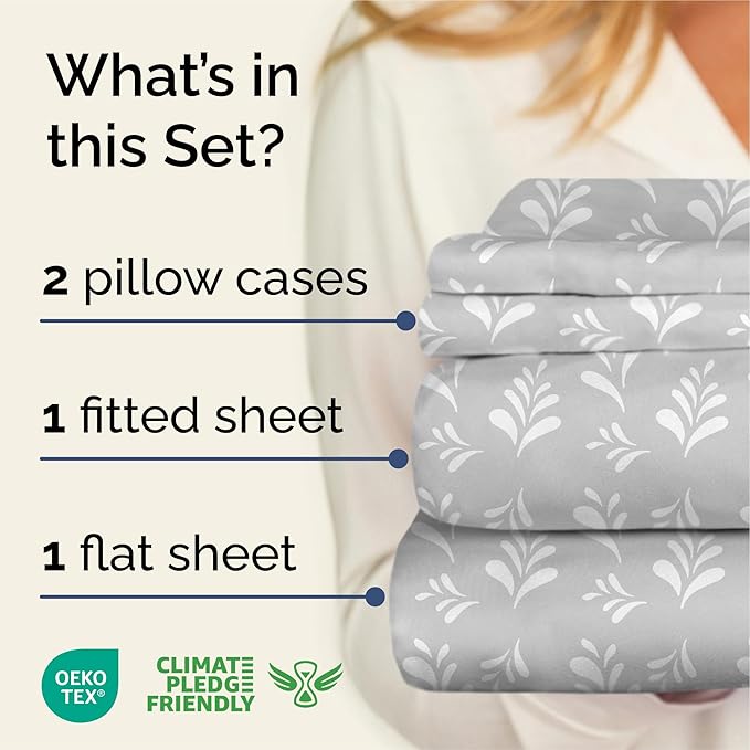 Floral Sheets - Grey & White Bed Sheet Set - 1 Flat, 1 Fitted & 2 Pillowcases w/ Deep Pockets - Comfy, Wrinkle & Fade Free - Boho Botanical Bedding - Ultra-Soft, Breathable & Cooling - Queen Size Set