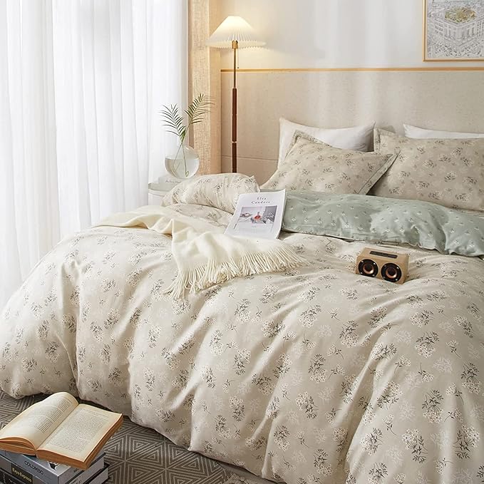 LifeTB Garden Style Floral Duvet Cover Queen Soft Cotton Boho Floral Bedding Sets Chic Shabby Botanical Queen Duvet Cover Girl Women Vintage Floral Comforter Cover with Zipper Closure 4 Ties
