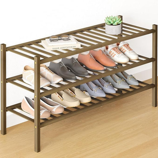 Smiry Bamboo Shoe Rack for Closet, 3 Tier Long Wooden Stackable Shoe Organizer, Free Standing Shoes Storage Shelf for Entryway, Front Door Entrance, Walnut