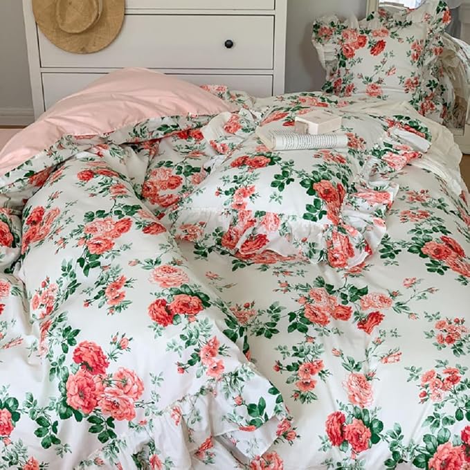 LifeTB Vintage Pink Floral Comforter Set Queen Girls Rose Flower Comforter Coquette Bedding Aesthetic Ruffle Comforter Set Soft Fluffy Cottagecore Bedding Set Farmhouse Boho Bed Comforter Queen Size