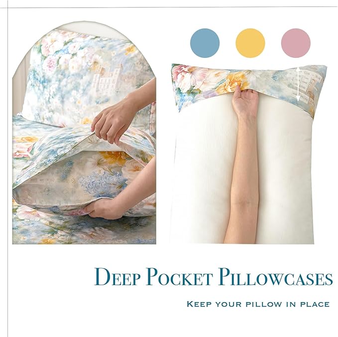 Zusbest California King Sheets Luxury Floral Bed Sheet Set 100% Cotton, Satin Weave Soft Breathable for Hot Sleepers Romantic Peony Flowery Printed Cottagecore Bedding Deep Pocket 17.5‘’, 4Pcs