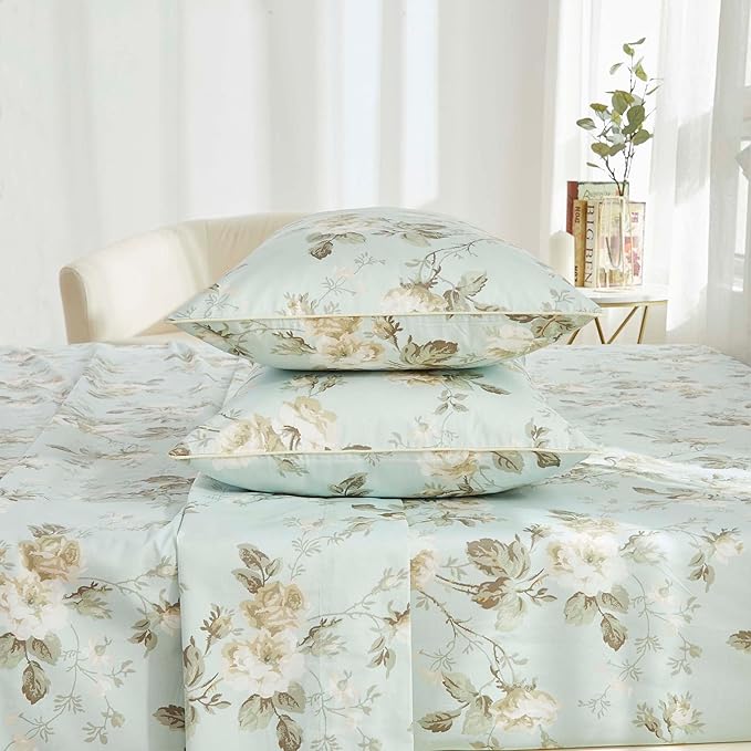 Brandream French Country Garden Toile Floral Print Bed Sheet Set Luxury Bedding 800 Thread Count 100% Egyptian Cotton Deep Pocket Tapestry Pattern Chinoiserie Peony Blossom Tree, 4Piece-King Size