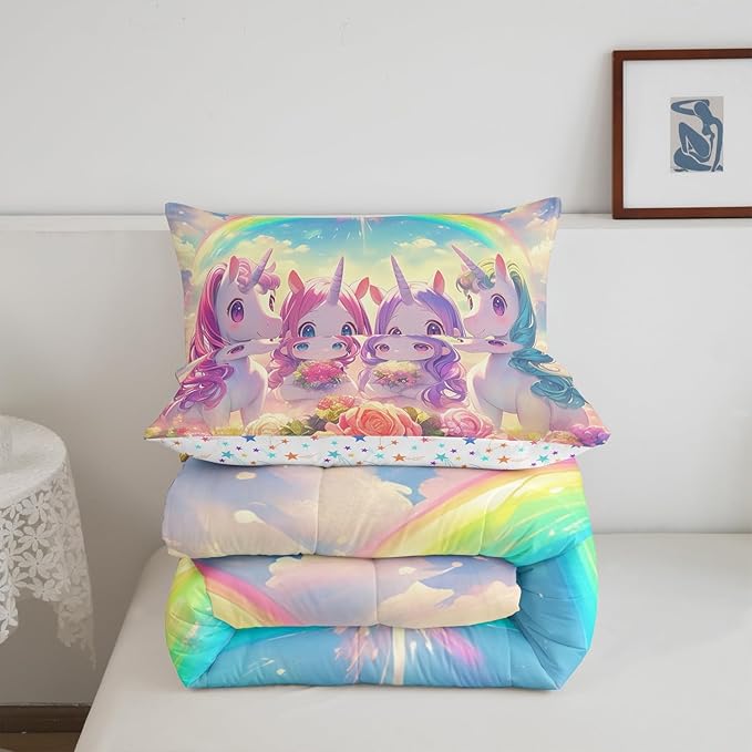 Castle Fairy Kawaii Unicorn Comforter Set Queen Size,Cartoon Cute Unicorn Horse Animal Reversible Bedding Set for Women Adult,Stars Rainbow Watercolor Flowers Luxury Bed Duvet Insert, 2 Pillowcases