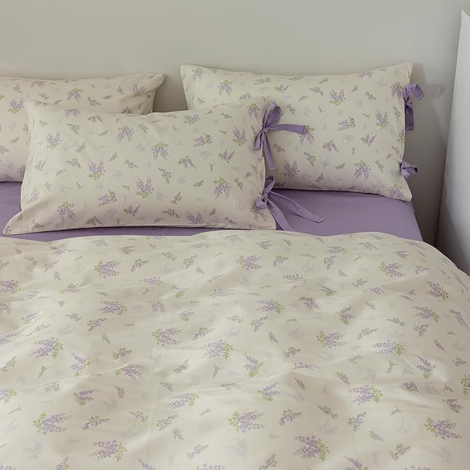 VM VOUGEMARKET King Duvet Cover Set,3 Pieces Purple Floral Duvet Cover with 2 Bow Ties Pillowcases 100% Cotton Lavender Flower Bedding Set-King,104x90 Inch