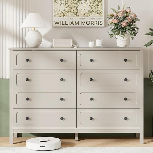 Dresser for Bedroom, 8 Drawer Dresser with Metal Handles, 55" Wide Modern Dressers & Chest of Drawers for Living Room, Hallway, Entryway, Beige