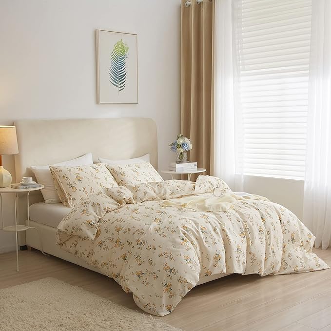 EAVD Yellow Floral Duvet Cover Full Soft Cotton Floral Cottagecore Rose Floral Bedding Set with 2 Pillowcases Chic Shabby Botanical Comforter Cover with Zipper Closure