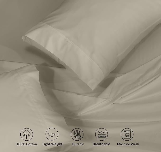 RUVANTI 100% Cotton Sheets Queen Size Set, 4 Pieces, Soft & Breathable Percale Weave Bedding, Deep Pocket 16", Hotel Standard, Crisp Cool Feeling, Durable, Perfect Dyed Bed Sheet, Taupe