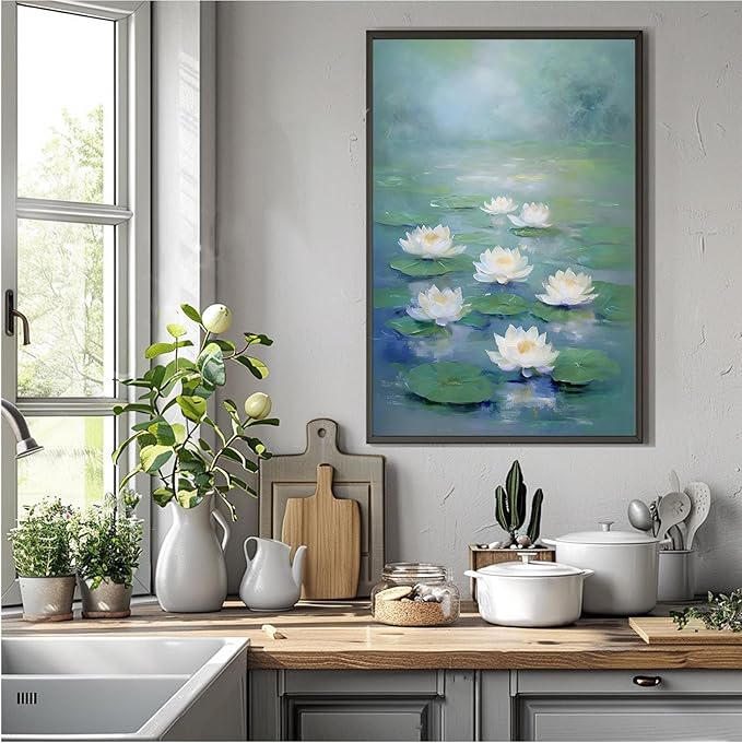 Zen wall art Delicate white lotus flower floating on calm water Vintage oil painting print Serene aquatic wall art creates a tranquil home decor 8x12in Metal blackFramed