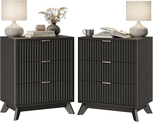 30" Tall Fluted NightStand Set of 2,Modern Side Table with Storage, 3 Drawers End Table with Charging Station,Night Stand Wood Bedside Tables for Bedroom,Curved Profile Design,Black
