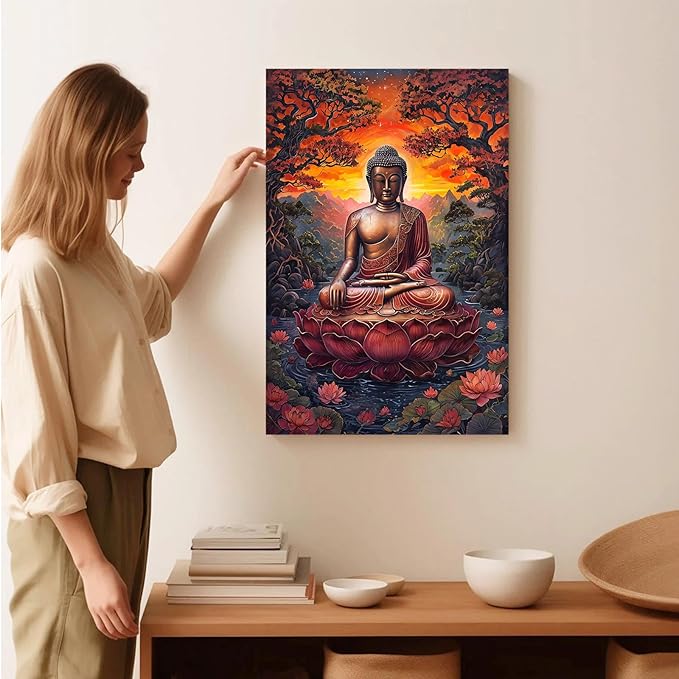 Golden Buddha on lotus seat serene meditation statue amidst lush trees flowing water and sunrise light spiritual home art for a tranquil decor 8x12in Wood Framed