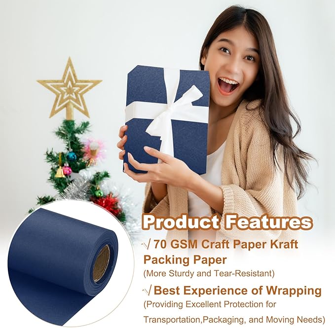 PATIKIL Wrapping Paper, 12" x 394"(33') 70 GSM Craft Paper Roll Kraft Packing Paper for Poster Bulletin Board, Gift Wrapping, Navy Blue