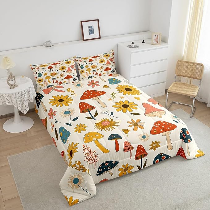 Castle Fairy Retro Mushroom Flowers Comforter Set Full Size,70s 60s Groovy Bedding Comforters Room Decor,Vintage Boho Plant Floral Quilt Set with 2 Pillowcases,Teens Present