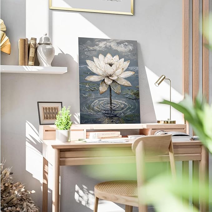 Stunning white lotus emerges from prismatic water with delicate petals background Serene aquatic wall art suitable for modern minimalist decor 32x48in Frameless