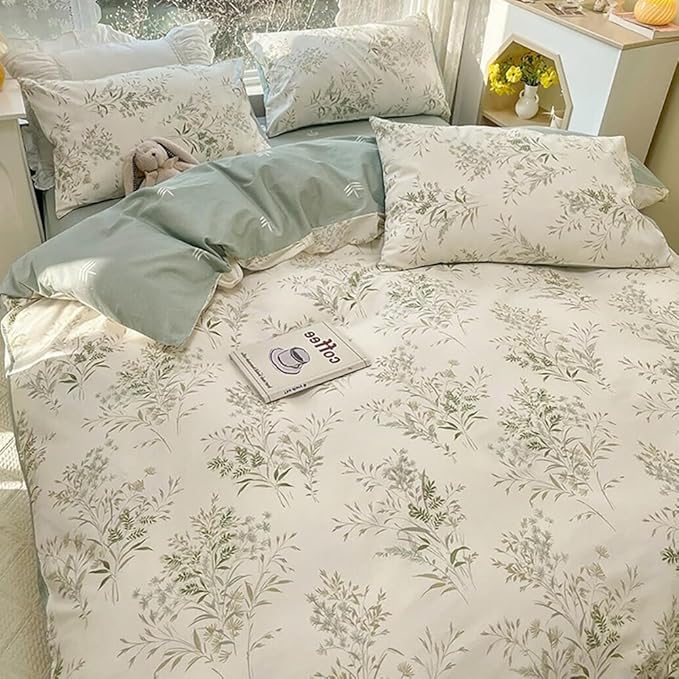 LifeTB Floral Botanical Comforter Set Full Size, Aesthetic Flower Leaves Pattern Cute Floral Bedding Comforter Set, 3 Pieces Lightweight Soft Fluffy Botanical Flowers Comforter with 2 Pillowcases