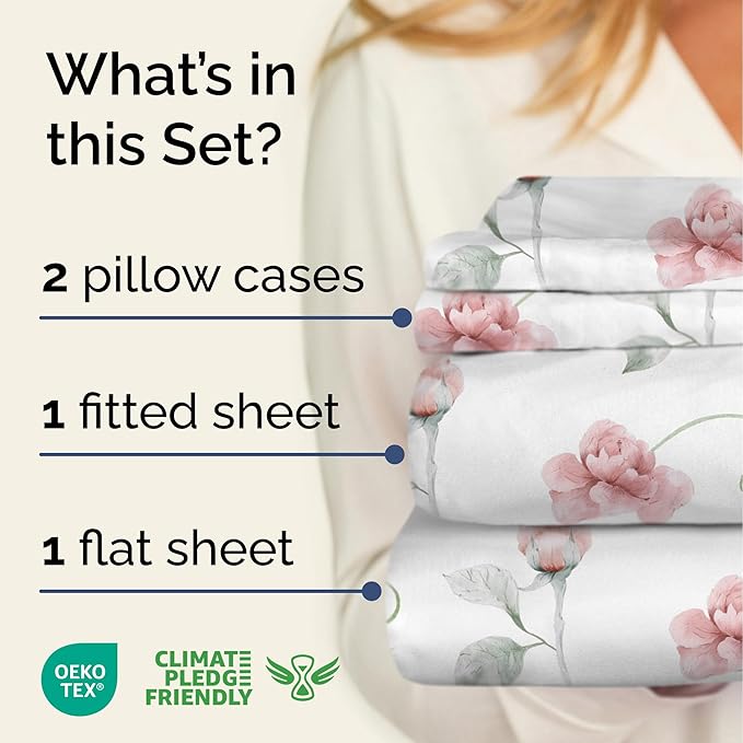 Floral Sheets - Floral Rose Bed Sheet Set - 1 Flat, 1 Fitted & 2 Pillowcases w/ Deep Pockets - Comfy, Wrinkle & Fade Free - Boho Botanical Bedding - Ultra-Soft, Breathable & Cooling - Full Size Set