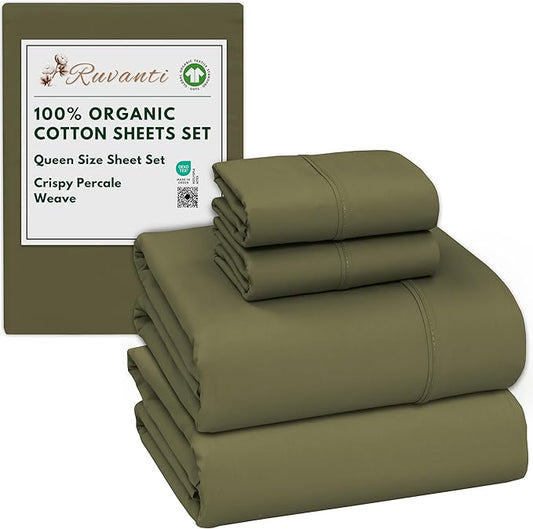 RUVANTI 100% Organic Cotton Sheets Queen Size, Percale Weave, GOTS Certified, 4-Piece Set, Deep Pocket 15", Crisp & Breathable, Soft Durable Bedding, Sábanas Algodón Orgánico – Olive