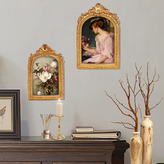 Gold Picture Frames 5x7, Arch Photo Frame Antique Ornate, Luxury Textured Hand-Crafted Picture Frame with Glass Front for Tabletop or Wall Hanging, Retro Resin Photo Frames, Photos Display Frame