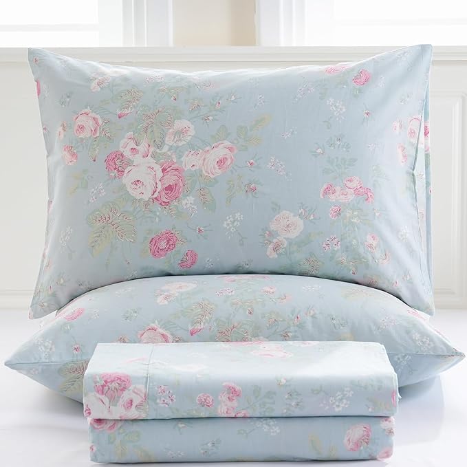 Zusbest Blue Floral Sheets Set Full Size 100% Cotton Pink Flowers Bed Sheet Shabby Vintage Chic Bedding Romantic Pastoral Style Original Design Soft Luxury Deep Pocket Fitted Sheet 17.5'', 4 Pcs
