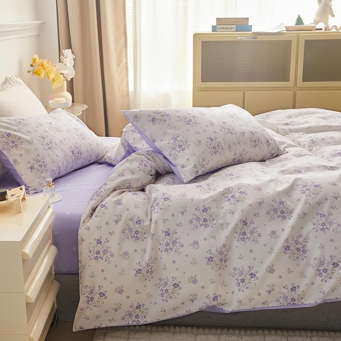 EAVD Garden Purple Floral Duvet Cover Twin Girls Soft 100% Cotton Chic Shabby Lavender Floral Bedding Set with 2 Pillowcases Vintage Botanical Duvet Cover with Zipper Closure