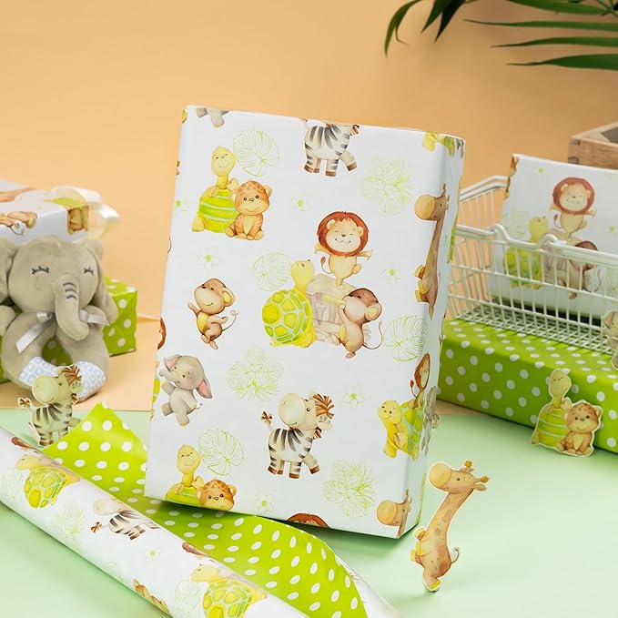 Homeral Baby Shower Wrapping Paper Roll - Cute Animal Design - 17 Inch x 16.4 Feet, Reversible Green Gift Wrap with Lion, Elephant, Turtle, Giraffe, Zebra, Perfect for Baby Boy & Girl Birthday