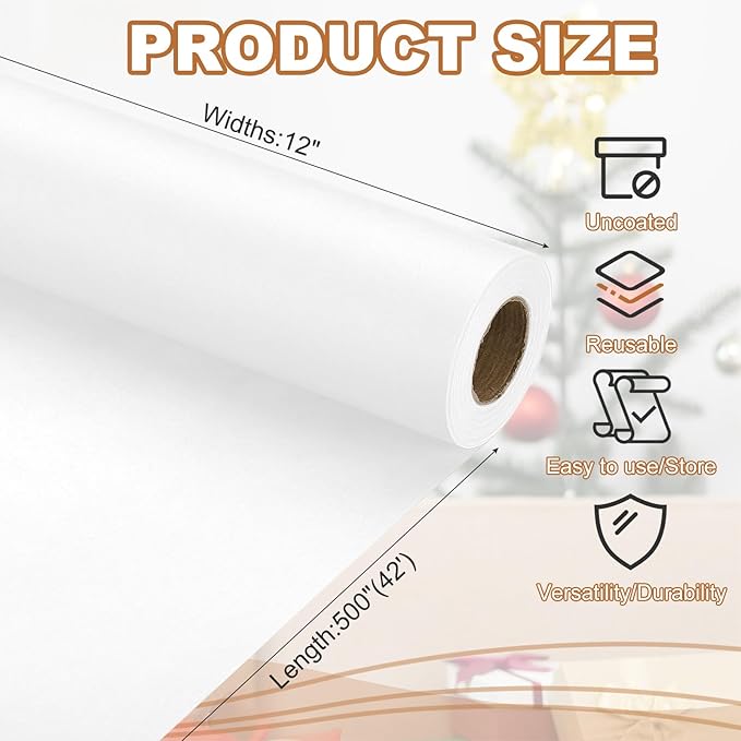 PATIKIL Wrapping Paper, 12" x 500"(42') 70 GSM Craft Paper Roll Kraft Packing Paper for Poster Bulletin Board, Gift Wrapping, White