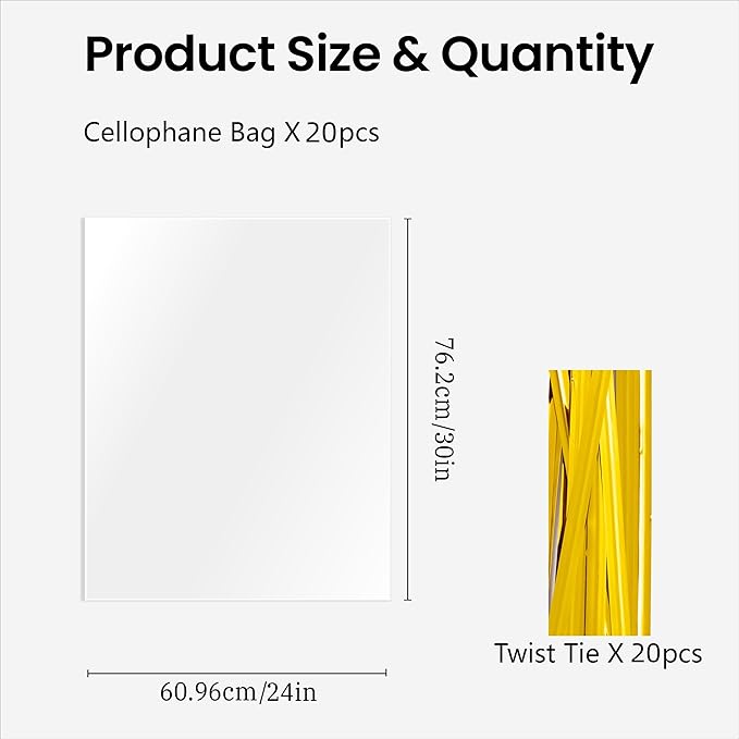 joybest 20 Pcs Clear Cellophane Bags, 24x 30 Inches Large Clear Basket Bags Plastic Cellophane Wrap for Gift Baskets Packaging with Pull Bow Ribbons