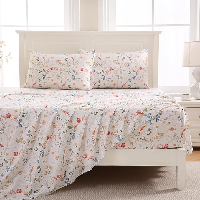 Zusbest Floral Bed Sheets King Size Percale Cotton Orange Blue Flower Sheets Set Green Botanical Printed on White Patterned Deep Pocket Fitted Sheets, Crisp Soft Breathable for Hot Sleepers, 4 Pcs