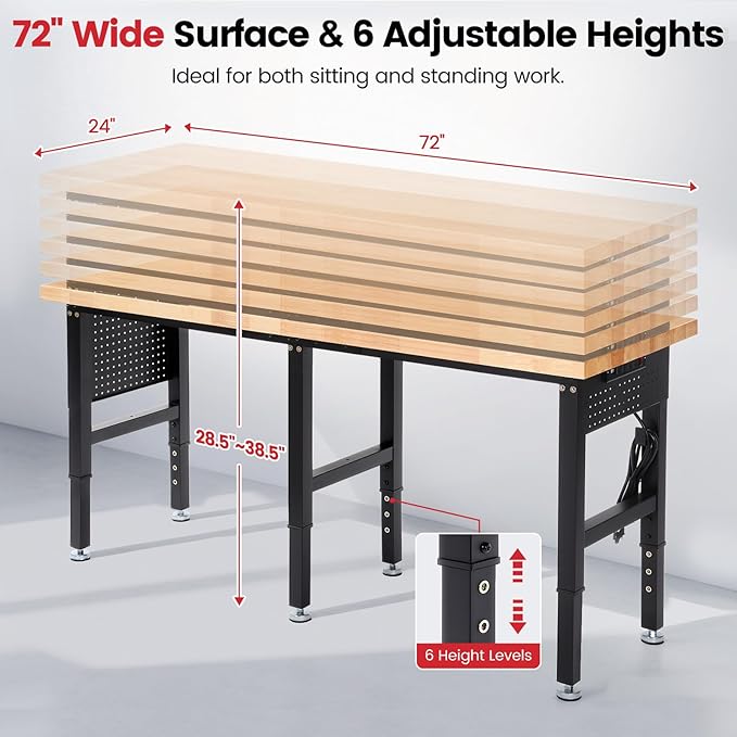 Work Bench 72 Inch Adjustable Height Workbench with Power Outlets & Extended Pegboard 5000 lbs Load Capacity Heavy Duty Work Table for Garage, Workshop, Home, Office