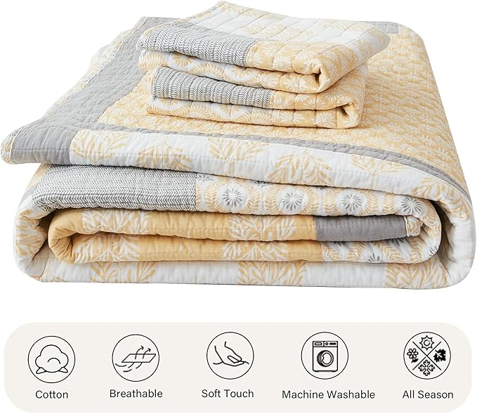PANGUSHAN Quilt Set King Size,100% Cotton Bedspread Quilt Bedding Set,Floral Patchwork Quilt Set for King Bed,Yellow/Grey/White Bed Spread,Lightweight Comforter Reversible Quilt,All Season,3 Pieces