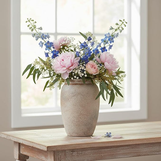 Ceramic Flower Vase,8.5 Inch Rustic Farmhouse Pottery Vase Home Decor Vintage Terracotta Country Decor Vases for Dining Table Decorations Living Room Entryway Kitchen Bedroom Mantel Book Shelf,Neutral