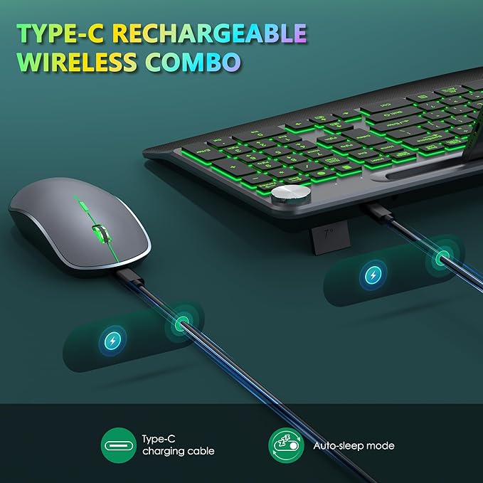 JOYACCESS Ergonomic Wireless Backlit Keyboard with Phone Holder,Rechargeable Wireless Keyboard Mouse Combo with Light Up Keys for for Laptop, PC, Mac, Windows-Grey