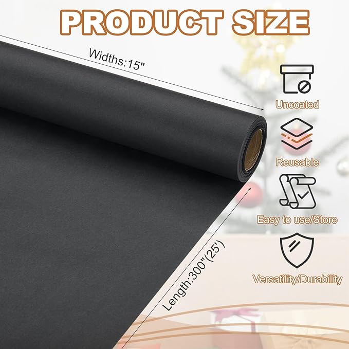 PATIKIL Wrapping Paper, 15" x 300"(25') 70 GSM Craft Paper Roll Kraft Packing Paper for Poster Bulletin Board, Gift Wrapping, Black