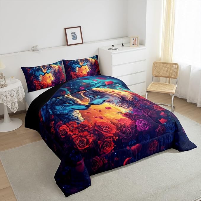 Wolf Comforter Set Queen Size,Wild Animal Print Couple Theme Reversible Bedding Set for Women Adult,Romantic Red Rose Flowers Watercolor Galaxy Luxury Bed Duvet Insert, 2 Pillowcases