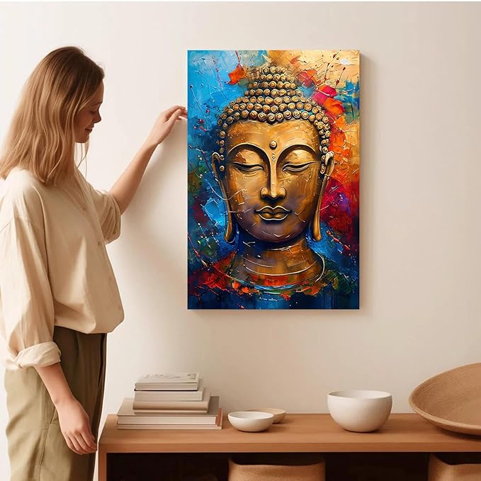 Golden Serenity Buddha Vintage Painting Wall Art Spirituality and Modern Art Wall Decor Adds Brilliance to Vibrant Home Decor 28x40in Wood Framed