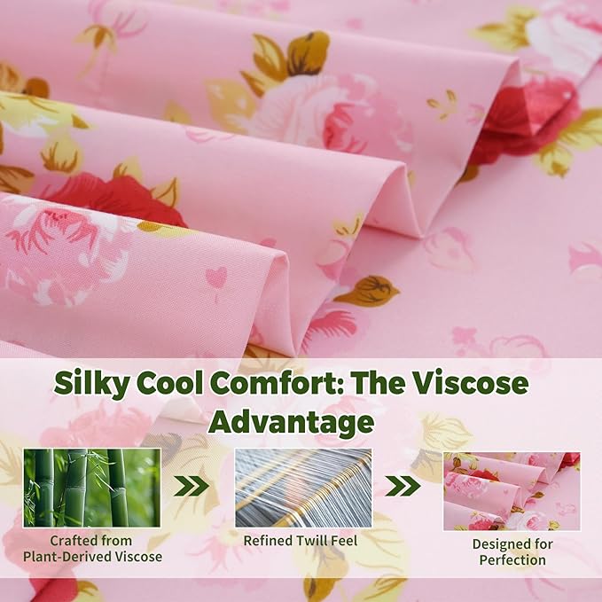 Bedlifes Twin Floral 3-Piece Sheet Set - Cooling Sheets Blend Rayon Derived from Bamboo,Soft & Breathable, Deep Pocket 16", Wrinkle Resistant - Vibrant Boho Floral in Rose Pink