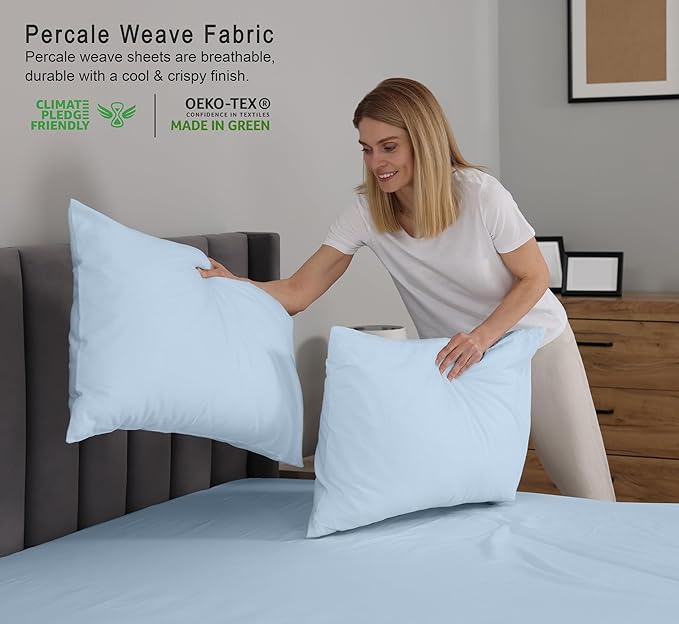 RUVANTI 100% Cotton California King Sheet Sets, 4 Pieces, Soft & Breathable Percale Weave Bedding, Deep Pocket 14", Hotel Standard, Crisp Cool Feel & Durable, Perfect Dyed Sheets, Baby Blue