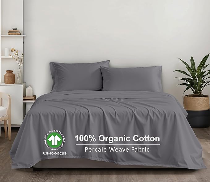 RUVANTI 100% Organic Cotton Sheets King Size, Percale Weave, GOTS Certified, 4-Piece Set, Deep Pocket 15", Crisp & Breathable, Soft Durable Bedding, Sábanas Algodón Orgánico – Silver Filigree