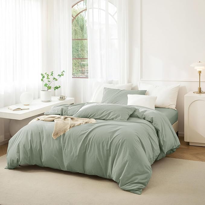 JIYUAN 100% Washed Cotton Duvet Cover Set 3 Pieces Queen, 1 Duvet Cover 90x90 Inches(Comforter Not Included) and 2 Pillowcases,Linen Feel Bedding Set Comfy and Breathable, Heathered Sage Green