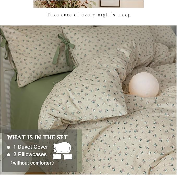 VM VOUGEMARKET Green Purple Flower Duvet Cover Set King 100% Cotton 3 Pcs Girls Blossom Comforter Cover with Zipper Closure Cottagecore Style Duvet Cover + 2 Pillowcases with Bowknot-104x90 Inch