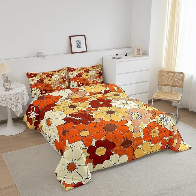 Castle Fairy Bohemian Flowers Comforter Set Twin Size,70s Vintage Floral Quilt Set for Kids Boys Bedroom Collection,Hippie Retro Groovy Botanical Polyester Bedding with 1 Pillowcase,2Pcs