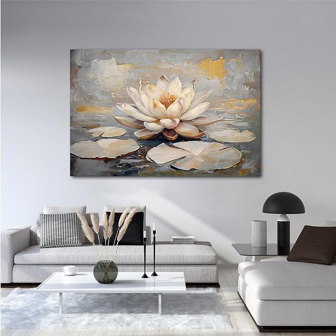 Ethereal white lotus floating on Crystal Waters poster vintage oil painting printwall art soft blush and gold accents serene home and office decor dreamy 20x30in Wood Framed