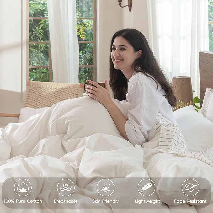 MooMee Bedding Duvet Cover Set 100% Washed Cotton Linen Like Textured Breathable Durable Soft Comfy (Solid Off White, King 104"x90")